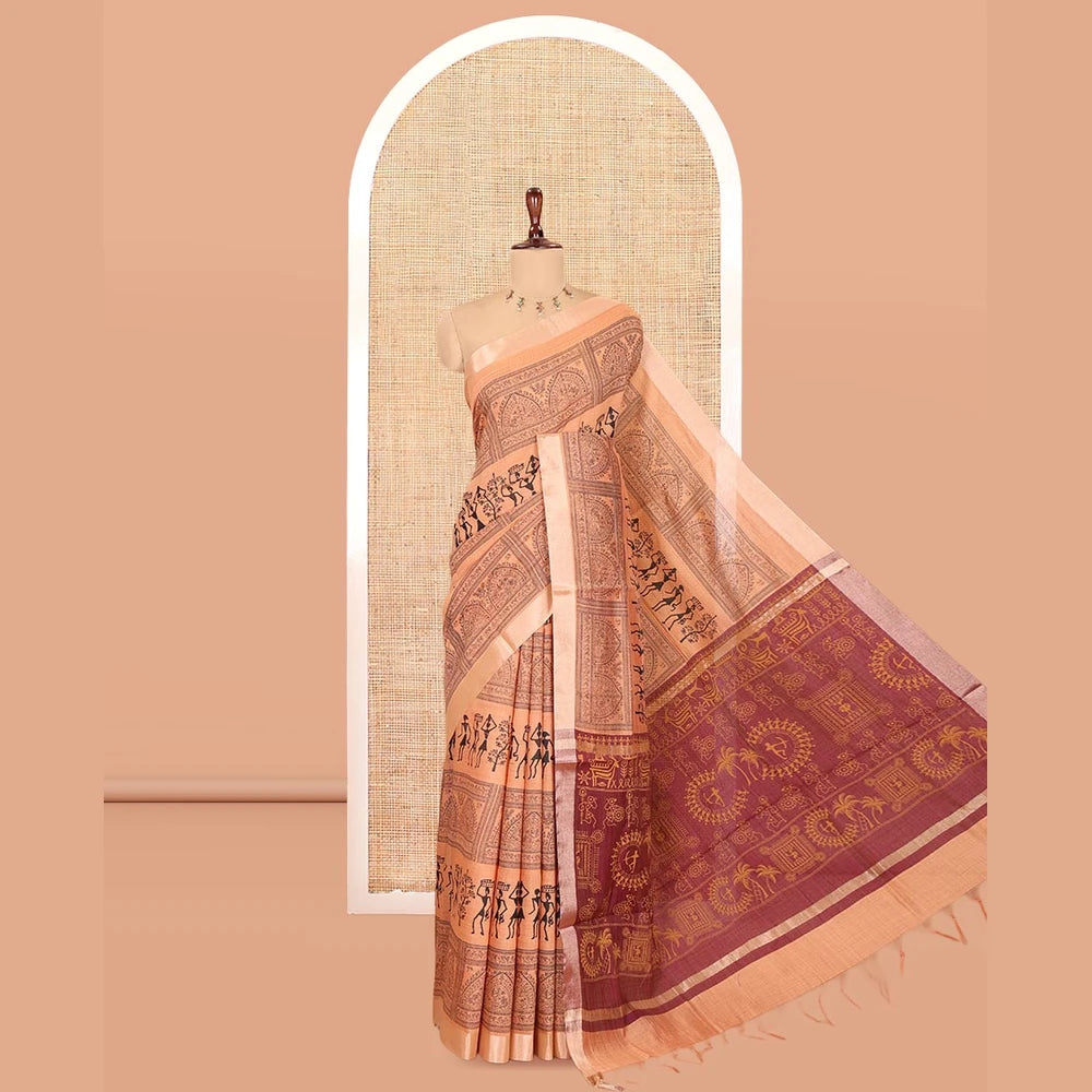 Pothys Beige Semi-Silk Cotton Saree, Adorned with Warli Print, a Tissue Border, Contrast Warli Printed Pallu, and a Contrast Blouse