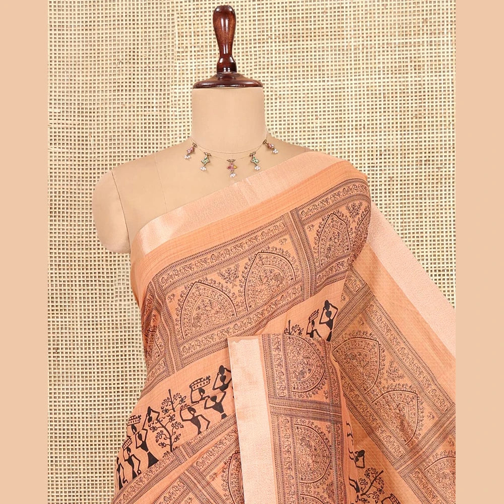 Pothys Beige Semi-Silk Cotton Saree, Adorned with Warli Print, a Tissue Border, Contrast Warli Printed Pallu, and a Contrast Blouse
