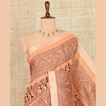 Pothys Beige Semi-Silk Cotton Saree, Adorned with Warli Print, a Tissue Border, Contrast Warli Printed Pallu, and a Contrast Blouse