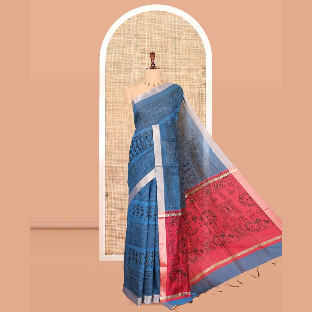 Pothys Indigo Blue Semi-Silk Cotton Saree, Adorned with Warli Print, a Tissue Border, Contrast Warli Printed Pallu, and a Contrast Blouse