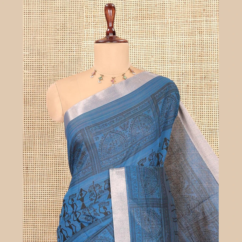 Pothys Indigo Blue Semi-Silk Cotton Saree, Adorned with Warli Print, a Tissue Border, Contrast Warli Printed Pallu, and a Contrast Blouse