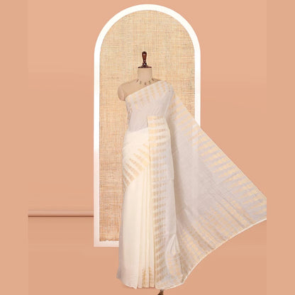 Pothys Cream Plain Chanderi Cotton Saree, Highlighted by Coin Zari Motifs Border, and a Matching Blouse