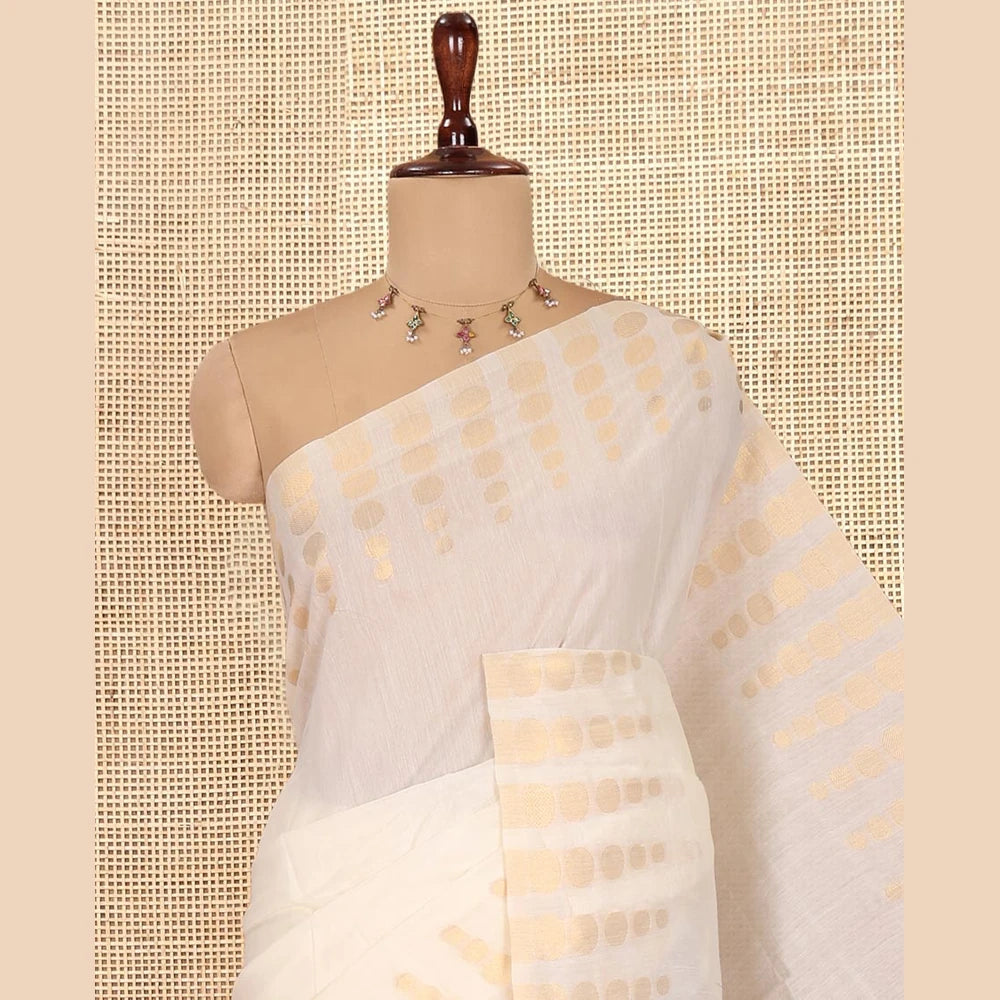 Pothys Cream Plain Chanderi Cotton Saree, Highlighted by Coin Zari Motifs Border, and a Matching Blouse