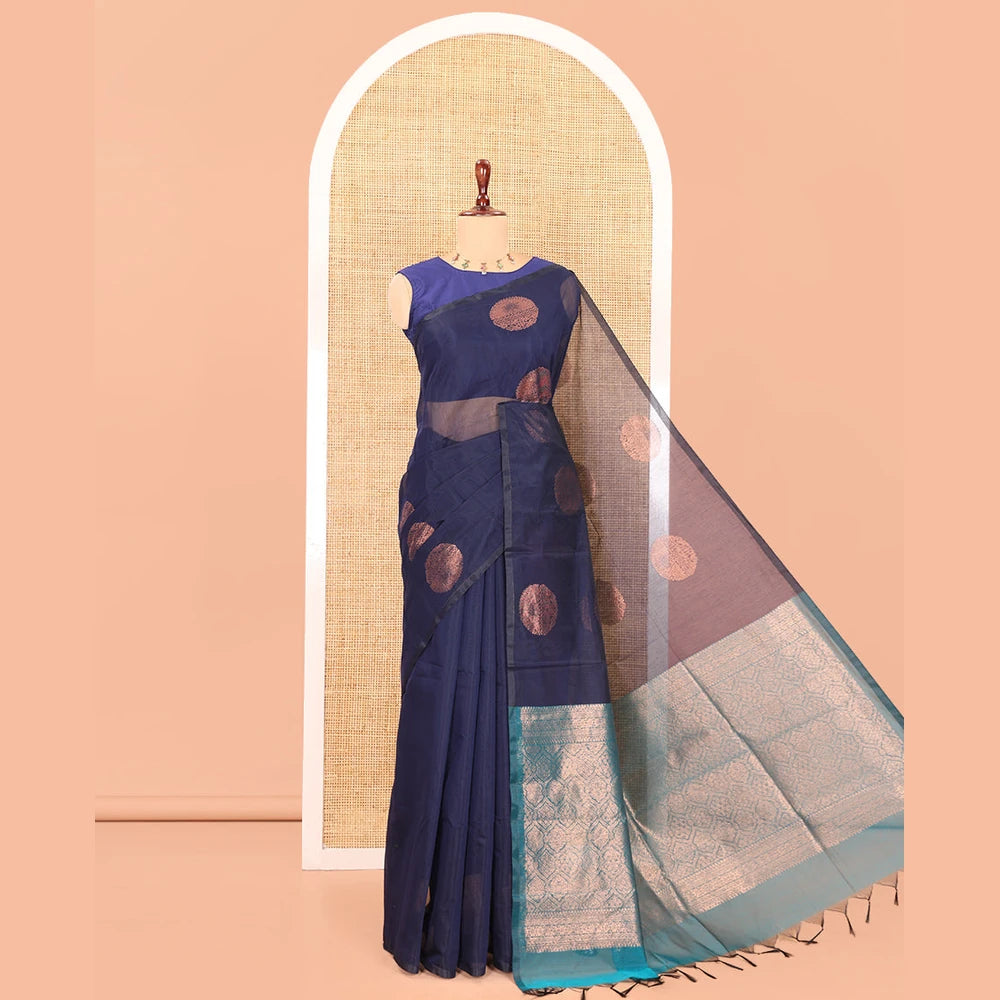 Pothys Borderless Navy Blue Semi-Silk Cotton Saree Accentuated with Circle Zari Buttas, a Contrast Intricate Pallu, and a Contrast Blouse