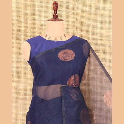 Pothys Borderless Navy Blue Semi-Silk Cotton Saree Accentuated with Circle Zari Buttas, a Contrast Intricate Pallu, and a Contrast Blouse