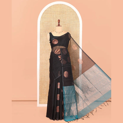 Pothys Borderless Black Semi-Silk Cotton Saree Embellished with Circle Zari Buttas, a Contrast Intricate Pallu, and a Contrast Blouse