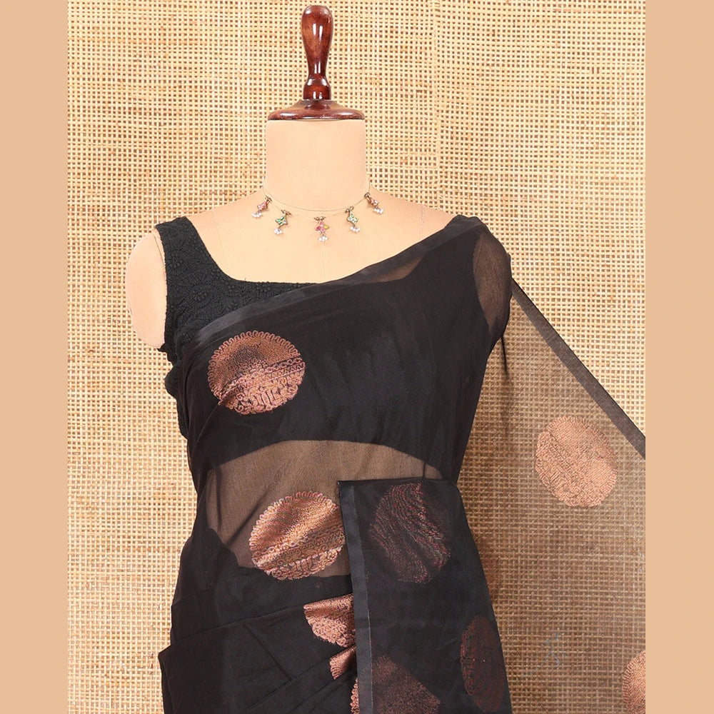 Pothys Borderless Black Semi-Silk Cotton Saree Embellished with Circle Zari Buttas, a Contrast Intricate Pallu, and a Contrast Blouse