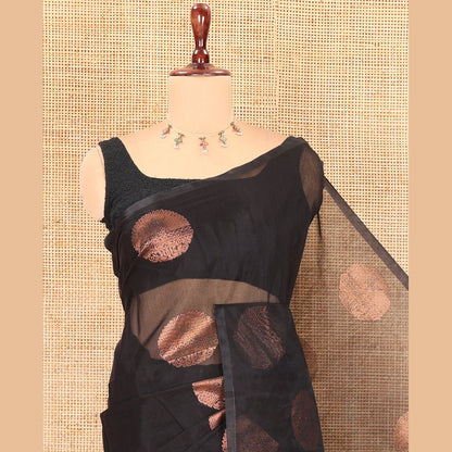 Pothys Borderless Black Semi-Silk Cotton Saree Embellished with Circle Zari Buttas, a Contrast Intricate Pallu, and a Contrast Blouse