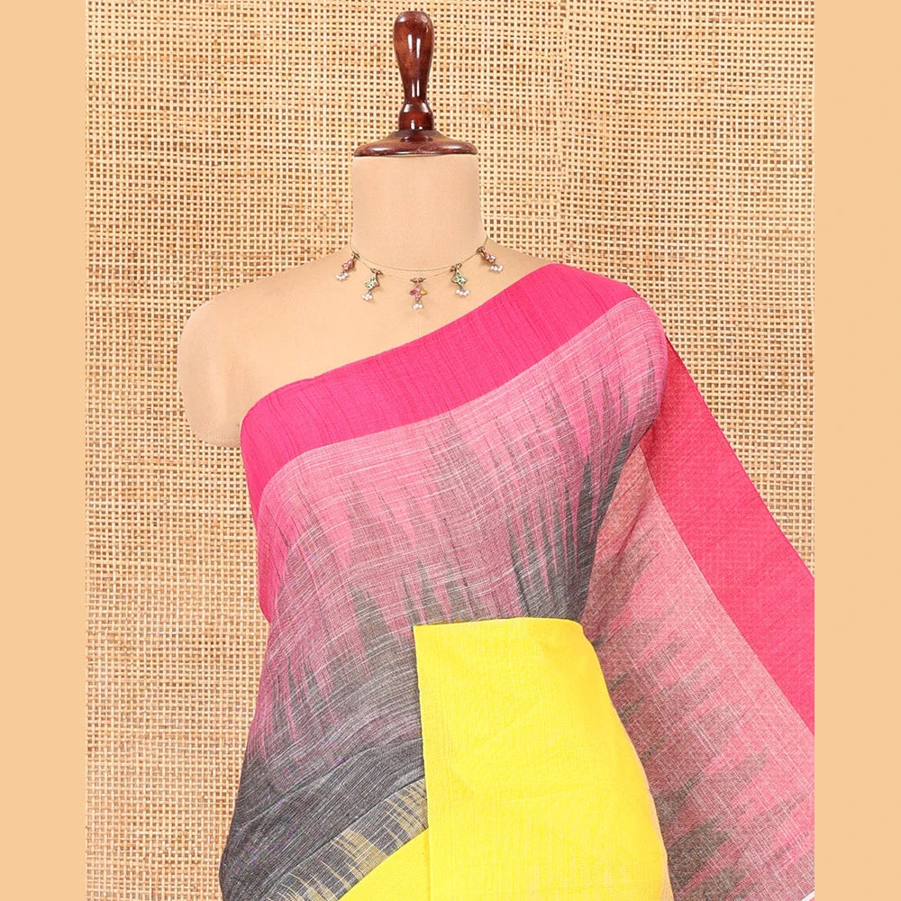 Pothys Grey Ikkat Weave Khadi Linen Saree, Complemented by a Contrast Ganga-Jamuna Border, and a Contrast Blouse
