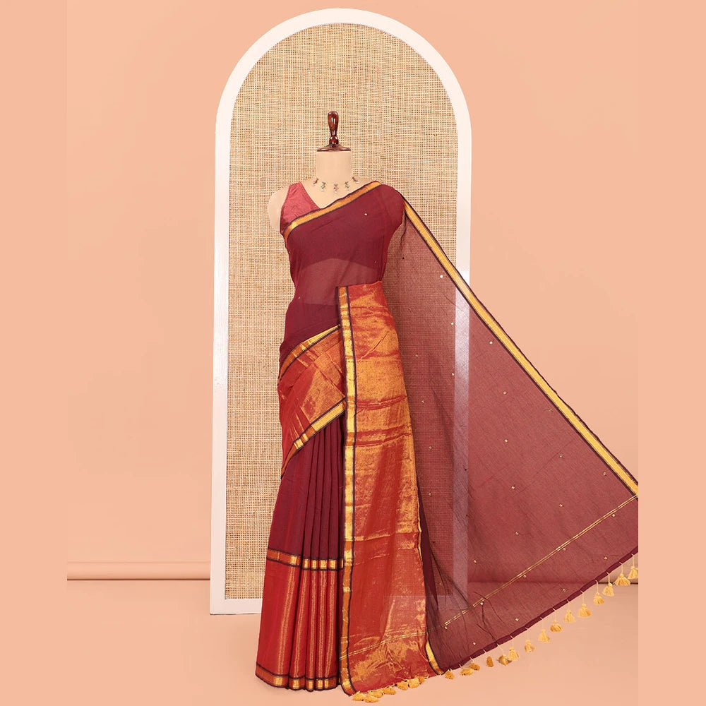 Pothys Purple Khadi Mul Cotton Saree, Gleamed Up with Sequins Work, a Golden Zari Border, Self-Pallu, and a No Blouse