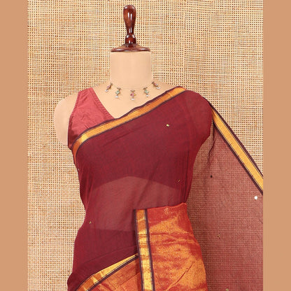 Pothys Purple Khadi Mul Cotton Saree, Gleamed Up with Sequins Work, a Golden Zari Border, Self-Pallu, and a No Blouse