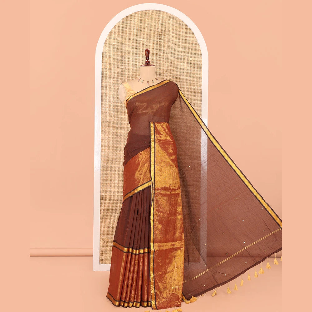 Pothys Brown Khadi Mul Cotton Saree, Gleamed Up with Sequins Work, a Golden Zari Border, Self-Pallu, and a No Blouse