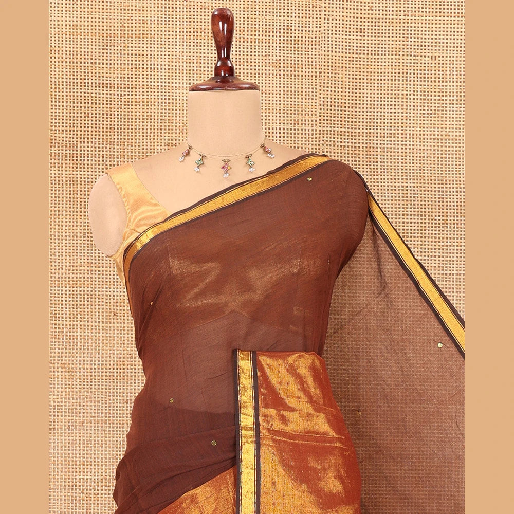 Pothys Brown Khadi Mul Cotton Saree, Gleamed Up with Sequins Work, a Golden Zari Border, Self-Pallu, and a No Blouse