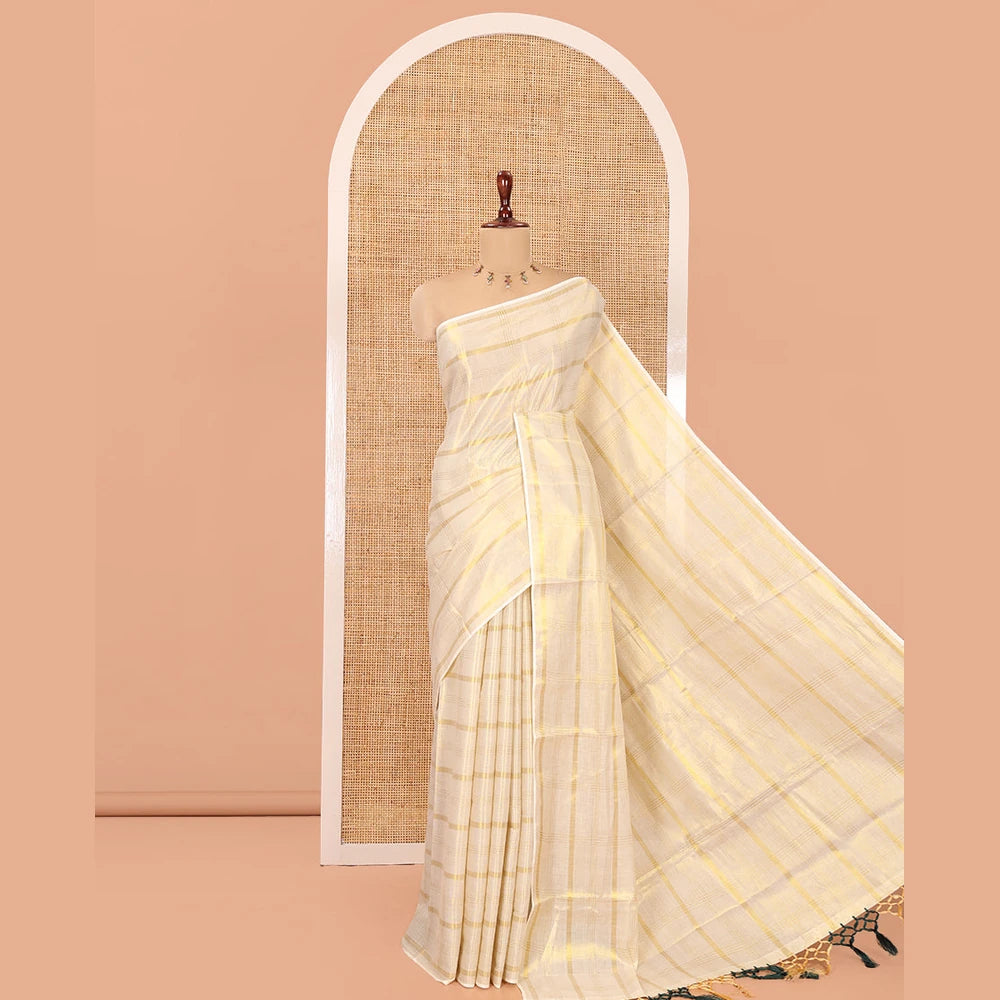 Pothys Borderless Gold Kerala Tissue Saree, Gleamed Up with Zari Checked Design, a Self-Pallu, and a Matching Blouse