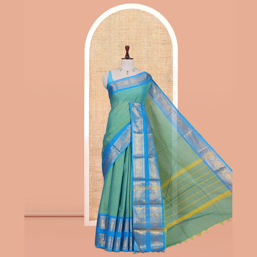 Pothys Sea Green Plain Chettinad Cotton Saree, Complemented by a Contrast Traditional Zari Rettai Pettu Border, and a Matching Blouse