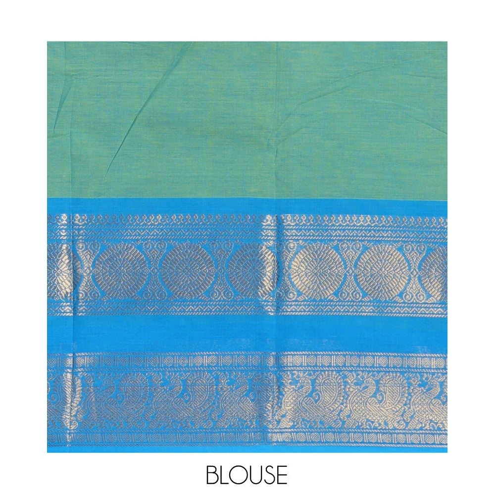 Pothys Sea Green Plain Chettinad Cotton Saree, Complemented by a Contrast Traditional Zari Rettai Pettu Border, and a Matching Blouse