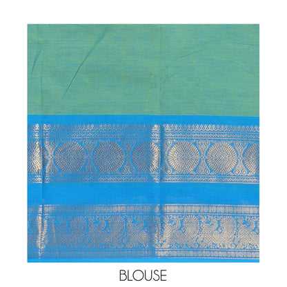 Pothys Sea Green Plain Chettinad Cotton Saree, Complemented by a Contrast Traditional Zari Rettai Pettu Border, and a Matching Blouse