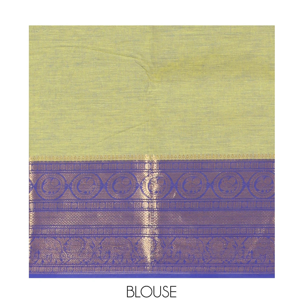 Pothys Elachi Green Plain Chettinad Cotton Saree, Complemented by a Contrast Traditional Zari Peacock-Elephant Border, a Matching Blouse