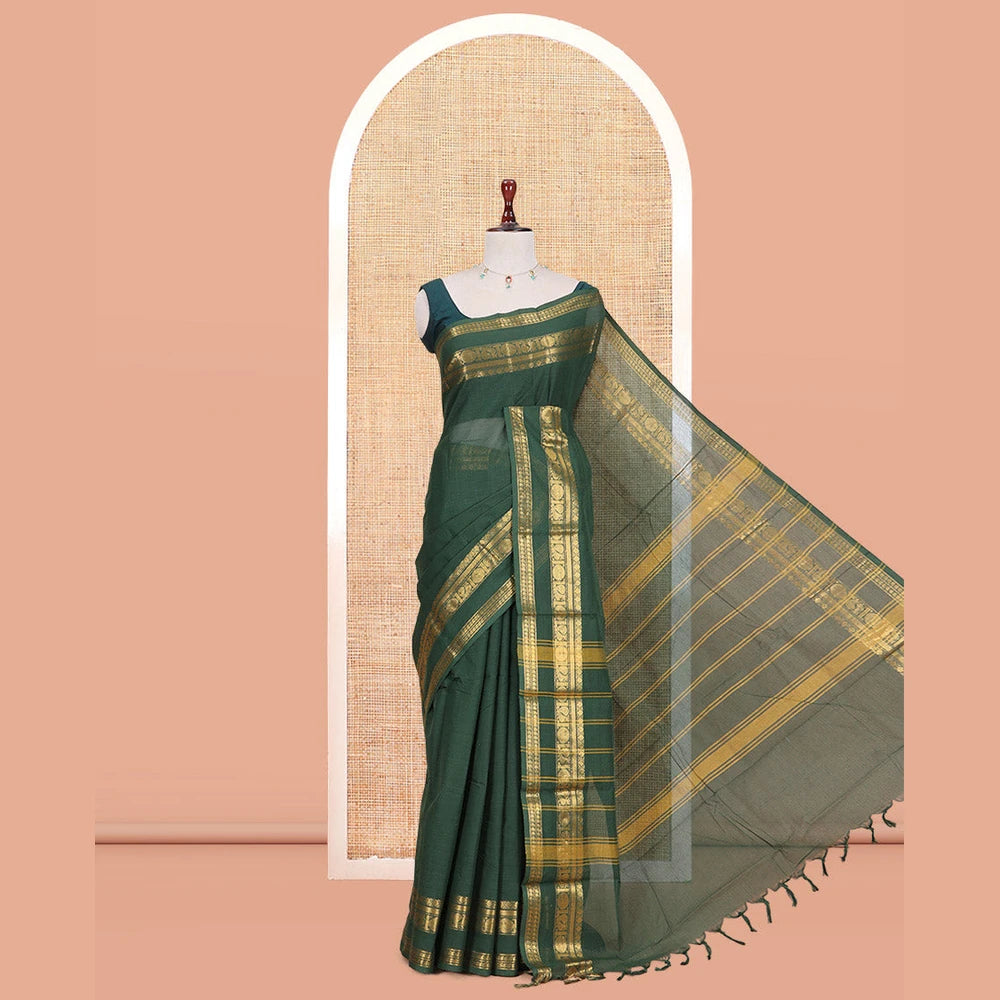 Pothys Dark Green Plain Chettinad Cotton Saree, Highlighted by a Rettai Pettu Traditional Border, a Matching Blouse