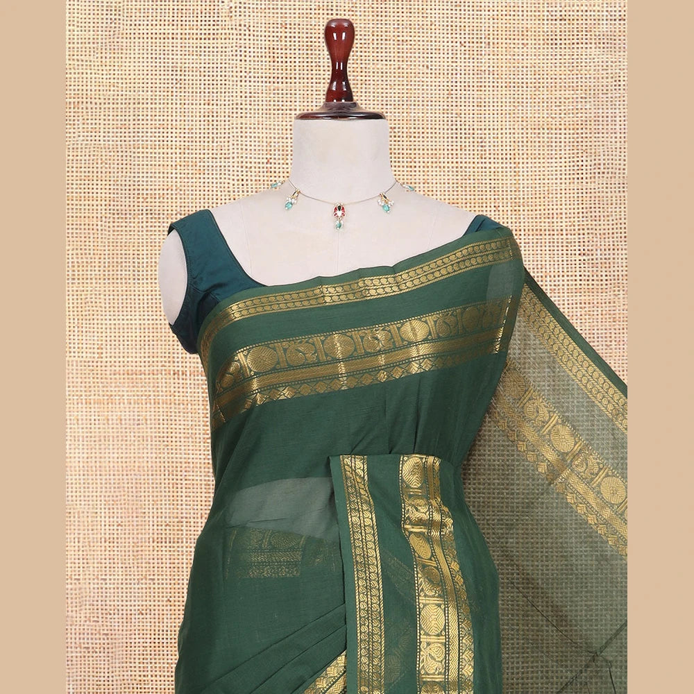 Pothys Dark Green Plain Chettinad Cotton Saree, Highlighted by a Rettai Pettu Traditional Border, a Matching Blouse