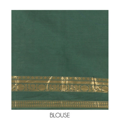 Pothys Dark Green Plain Chettinad Cotton Saree, Highlighted by a Rettai Pettu Traditional Border, a Matching Blouse