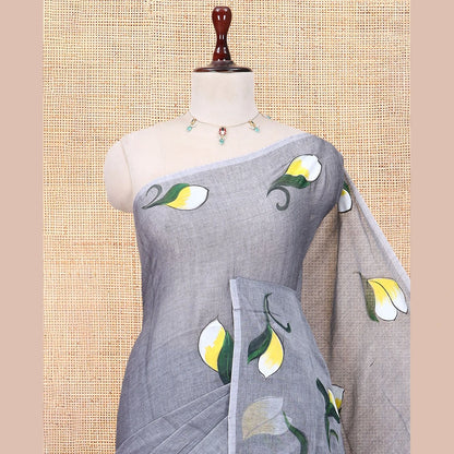 Pothys Borderless Grey Khadi Mul Cotton Saree Features Floral Hand-Brush Painting, and a Matching Blouse