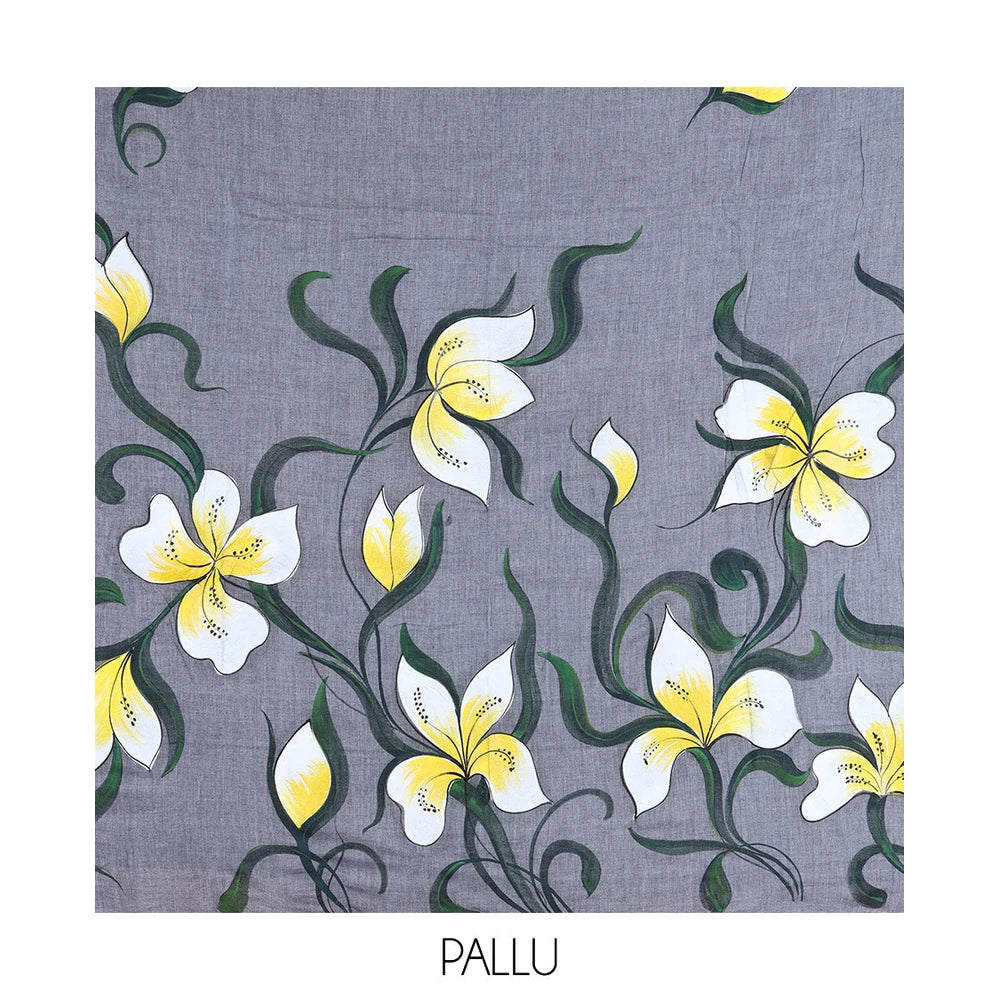 Pothys Borderless Grey Khadi Mul Cotton Saree Features Floral Hand-Brush Painting, and a Matching Blouse