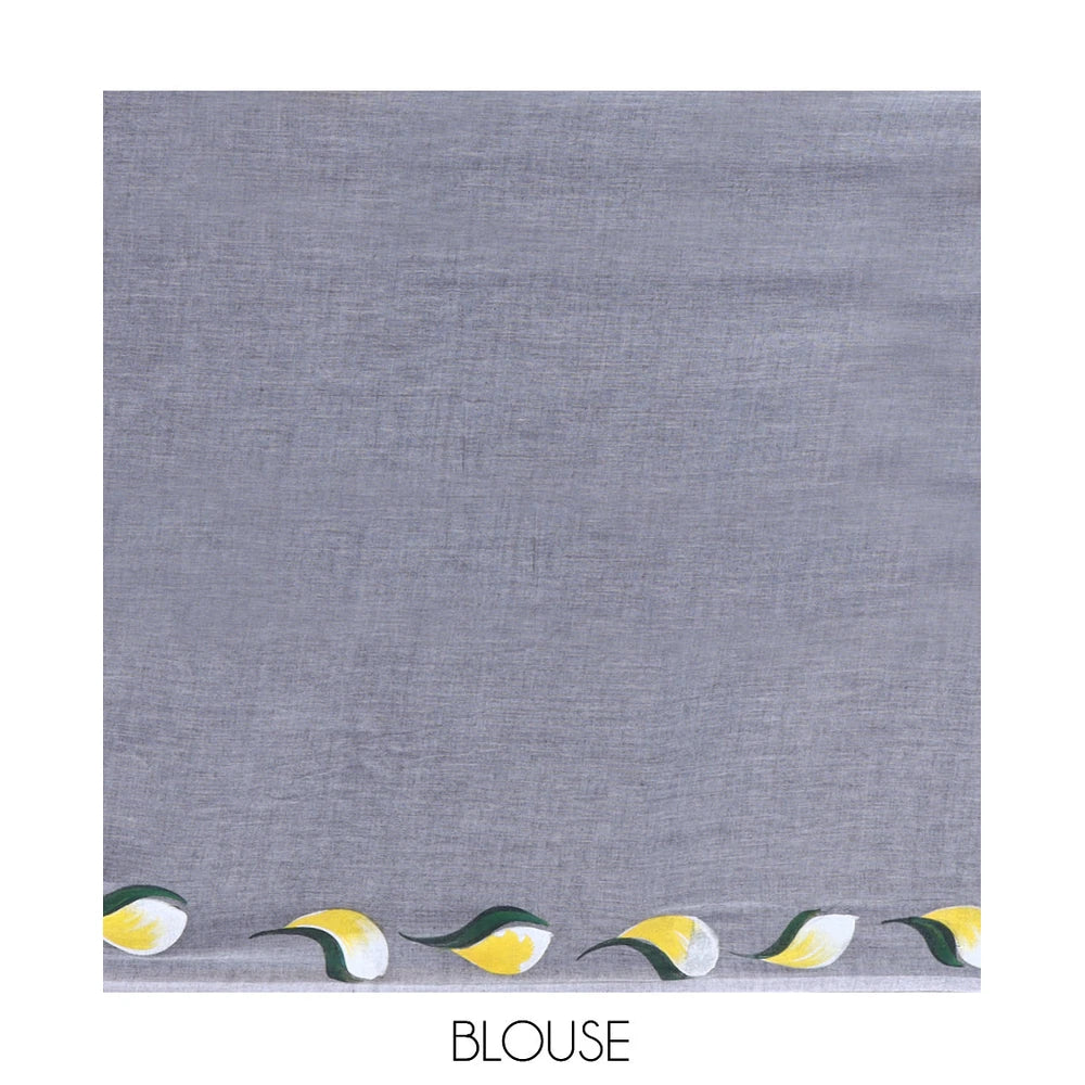 Pothys Borderless Grey Khadi Mul Cotton Saree Features Floral Hand-Brush Painting, and a Matching Blouse