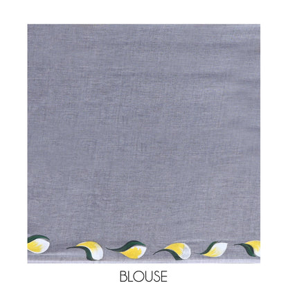 Pothys Borderless Grey Khadi Mul Cotton Saree Features Floral Hand-Brush Painting, and a Matching Blouse
