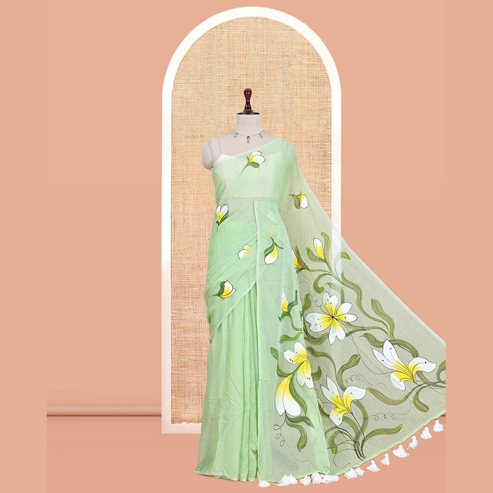 Pothys Borderless Pista Green Khadi Mul Cotton Saree Features Floral Hand-Brush Painting, and a Matching Blouse