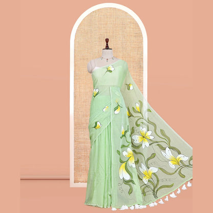 Pothys Borderless Pista Green Khadi Mul Cotton Saree Features Floral Hand-Brush Painting, and a Matching Blouse