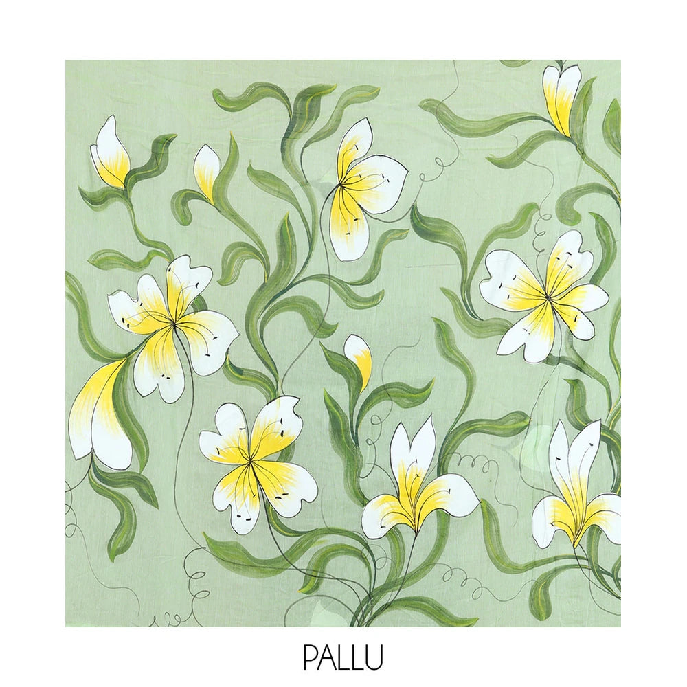 Pothys Borderless Pista Green Khadi Mul Cotton Saree Features Floral Hand-Brush Painting, and a Matching Blouse