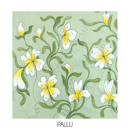 Pothys Borderless Pista Green Khadi Mul Cotton Saree Features Floral Hand-Brush Painting, and a Matching Blouse