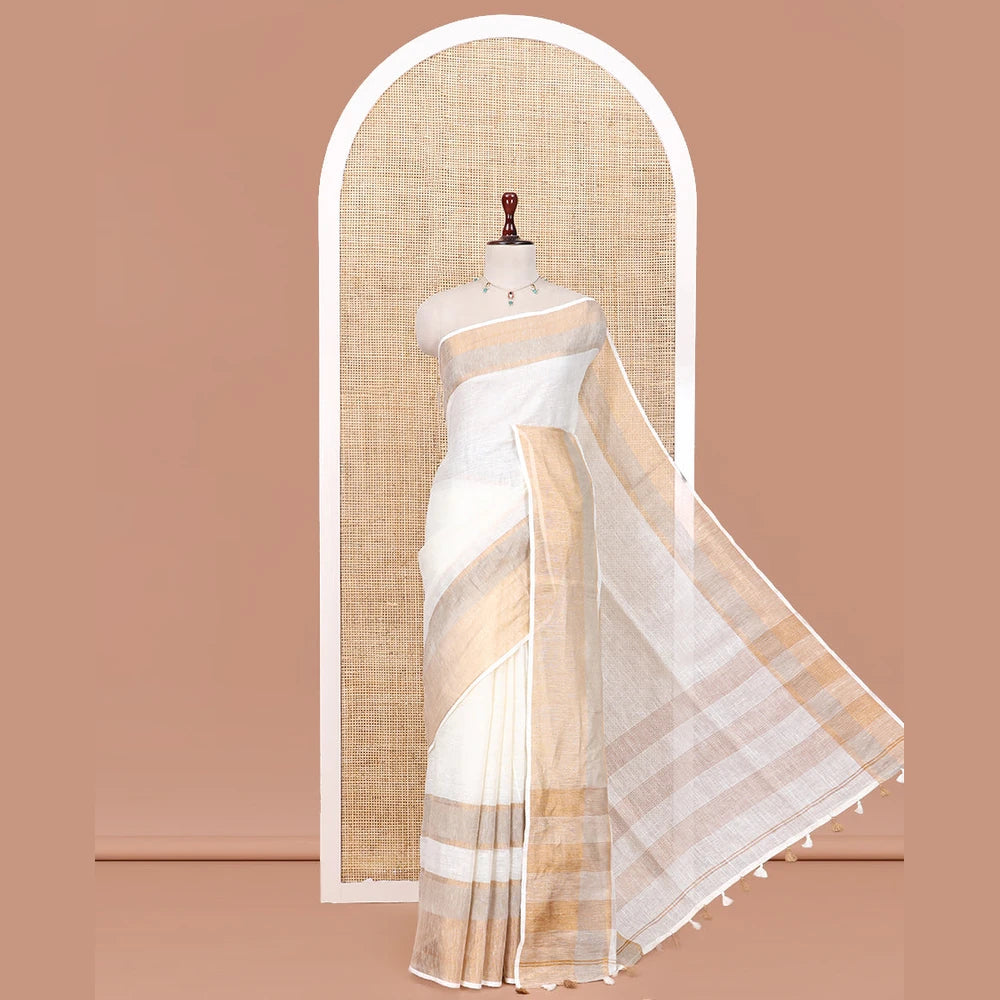 Pothys Cream Plain Linen Saree, a Contrast Zari Border, Zari Thick Striped Pallu, and a Matching Blouse