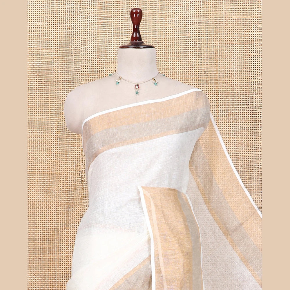 Pothys Cream Plain Linen Saree, a Contrast Zari Border, Zari Thick Striped Pallu, and a Matching Blouse