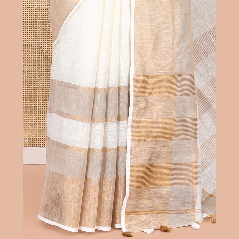 Pothys Cream Plain Linen Saree, a Contrast Zari Border, Zari Thick Striped Pallu, and a Matching Blouse