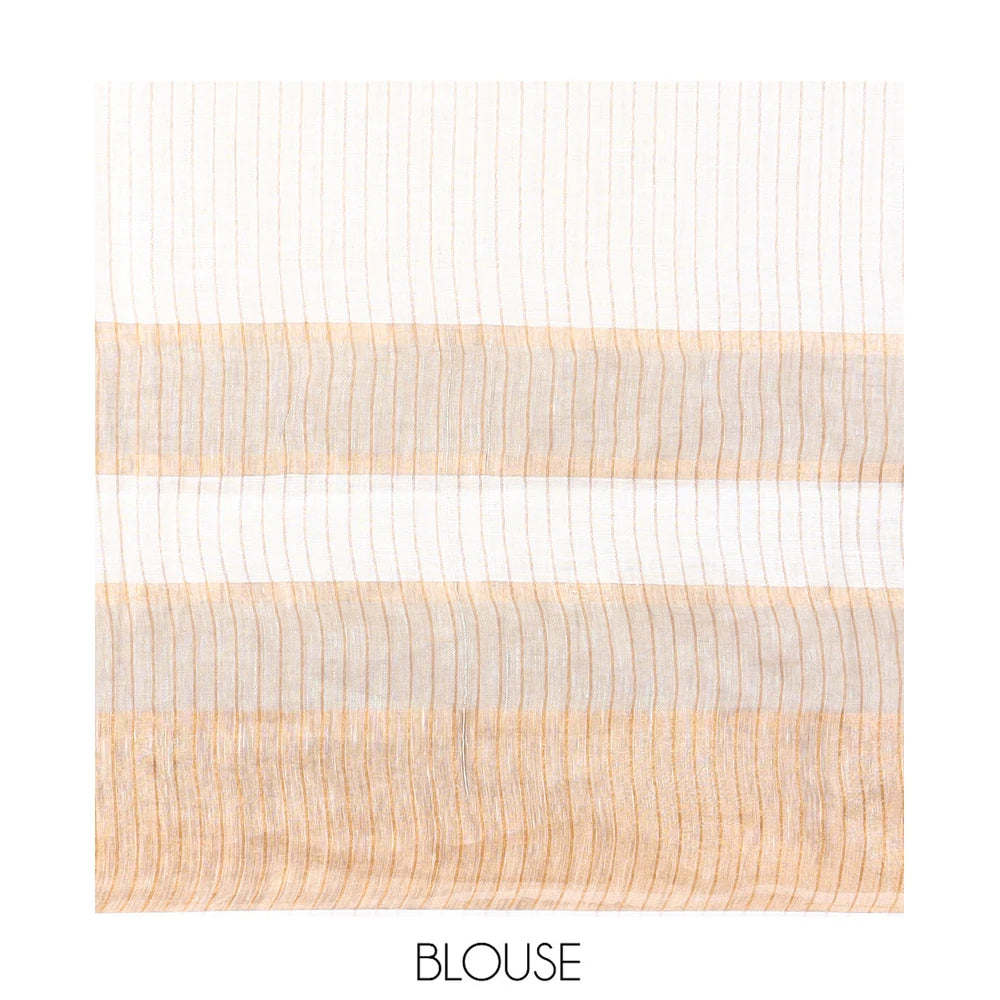 Pothys Cream Plain Linen Saree, a Contrast Zari Border, Zari Thick Striped Pallu, and a Matching Blouse