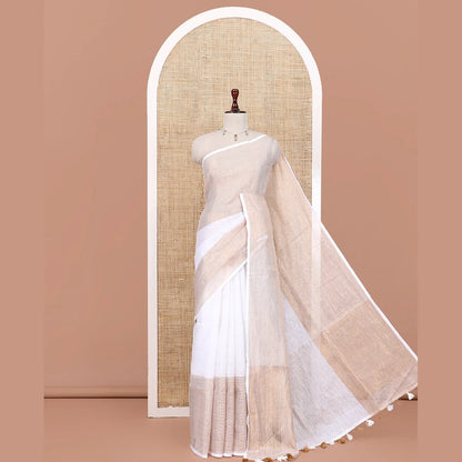 Pothys Borderless Off-White Linen Saree Flanked by Horizontal Zari Stripes, a Self-Pallu, and a Matching Blouse