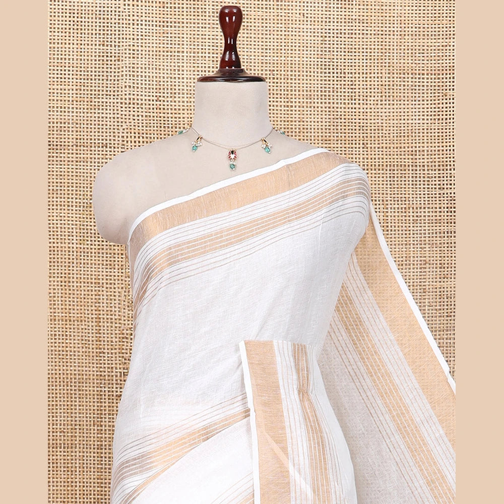 Pothys White Linen Saree, Subtly Sparkled with Stripes, a Subtle Zari Border, Striped Pallu, and a Matching Blouse