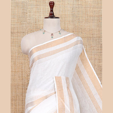 Pothys White Linen Saree, Subtly Sparkled with Stripes, a Subtle Zari Border, Striped Pallu, and a Matching Blouse