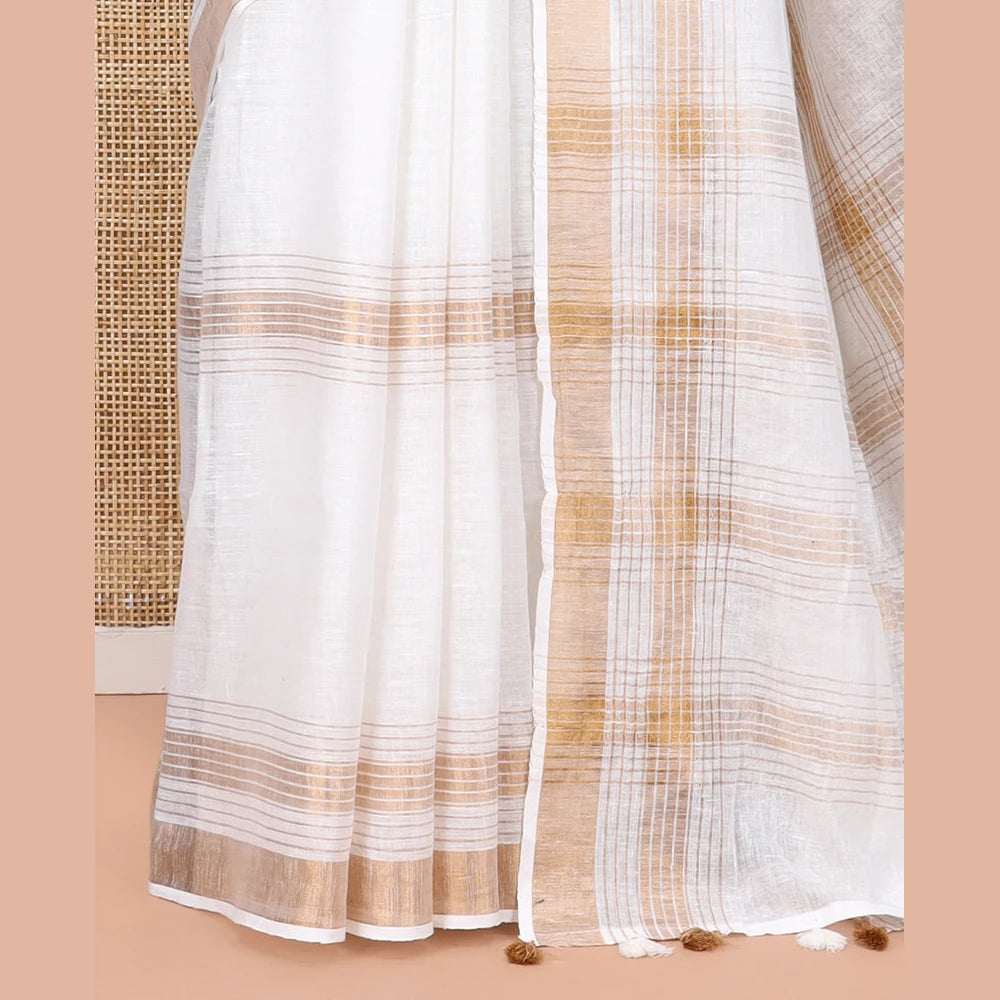 Pothys White Linen Saree, Subtly Sparkled with Stripes, a Subtle Zari Border, Striped Pallu, and a Matching Blouse