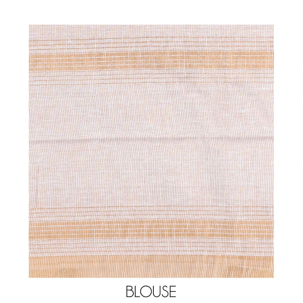 Pothys White Linen Saree, Subtly Sparkled with Stripes, a Subtle Zari Border, Striped Pallu, and a Matching Blouse