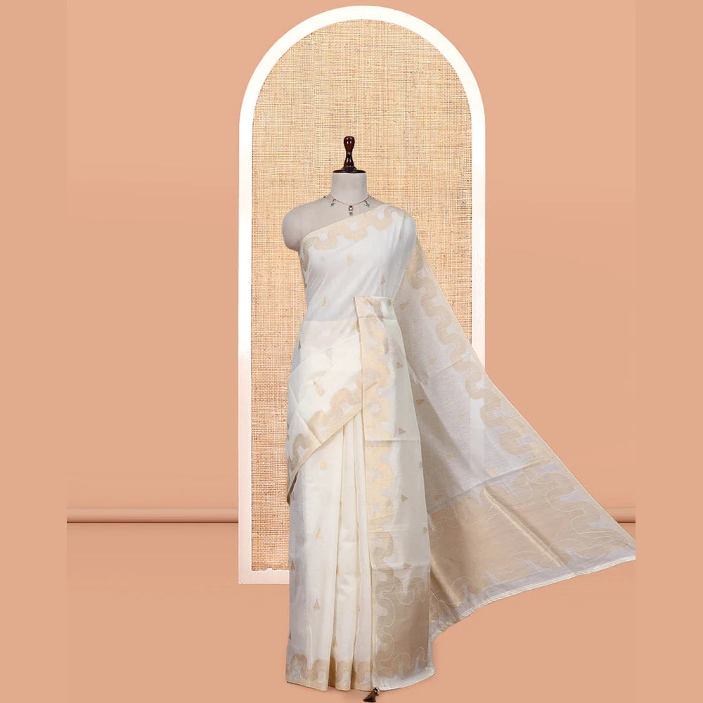 Pothys Cream Chanderi Cotton Saree, Adorned with Zari Buttas, Highlighted by Zari Border, Grand Pallu, and a Matching Blouse