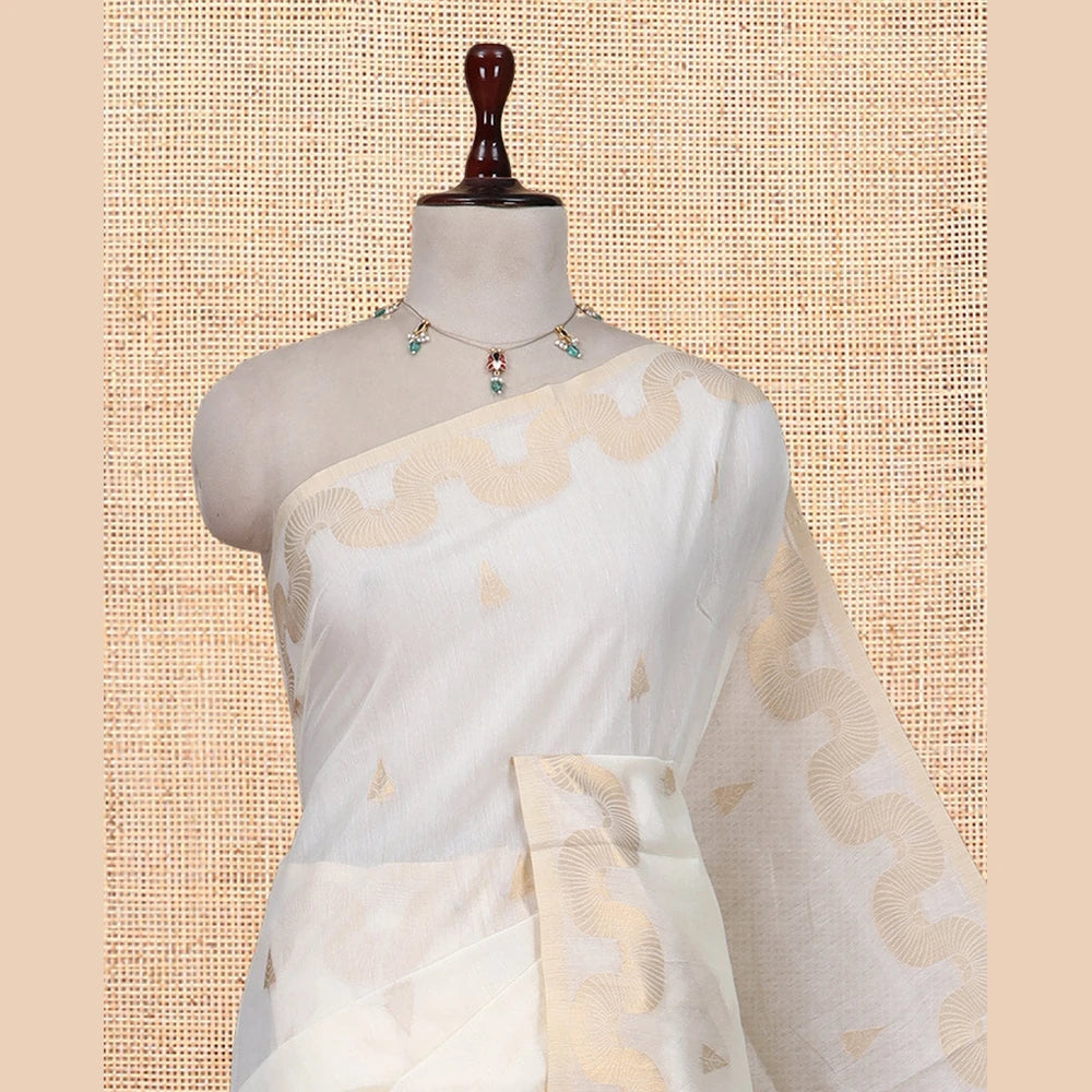Pothys Cream Chanderi Cotton Saree, Adorned with Zari Buttas, Highlighted by Zari Border, Grand Pallu, and a Matching Blouse