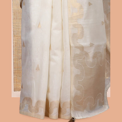 Pothys Cream Chanderi Cotton Saree, Adorned with Zari Buttas, Highlighted by Zari Border, Grand Pallu, and a Matching Blouse