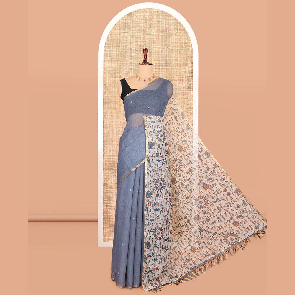 Pothys Grey Linen Cotton Saree, Adorned with Mirrorwork, a Piping Border, Contrast Warli Printed Pallu, Contrast Blouse
