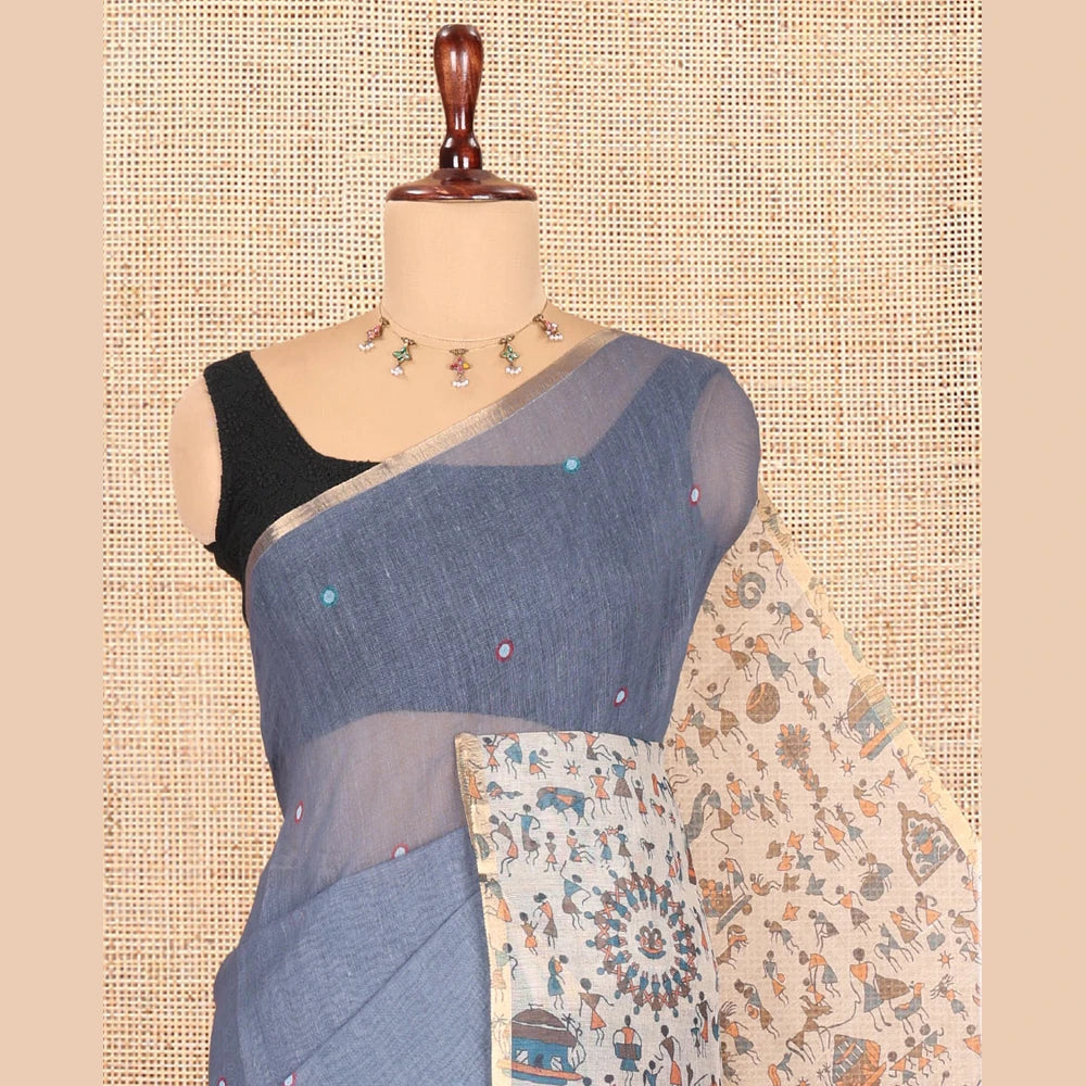 Pothys Grey Linen Cotton Saree, Adorned with Mirrorwork, a Piping Border, Contrast Warli Printed Pallu, Contrast Blouse