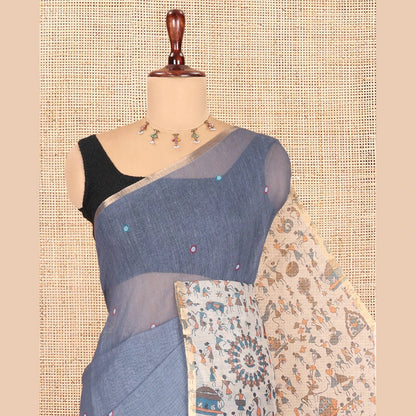 Pothys Grey Linen Cotton Saree, Adorned with Mirrorwork, a Piping Border, Contrast Warli Printed Pallu, Contrast Blouse