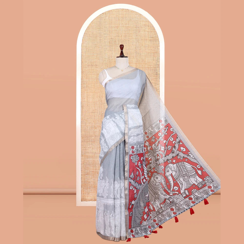Pothys Grey Linen Cotton Saree Features Kalamkari Human Figurines, a Piping Border, Kalamkari Pallu, Contrast Blouse