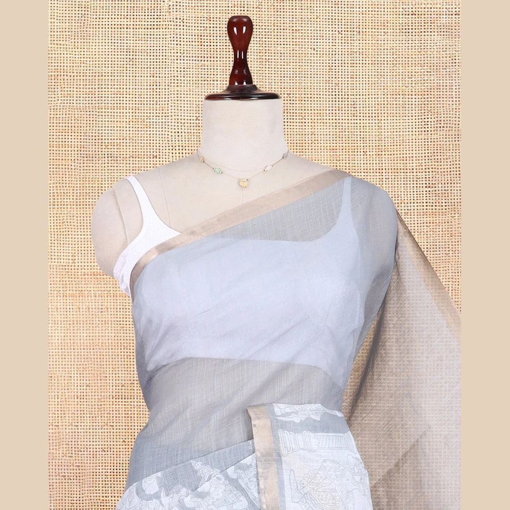 Pothys Grey Linen Cotton Saree Features Kalamkari Human Figurines, a Piping Border, Kalamkari Pallu, Contrast Blouse